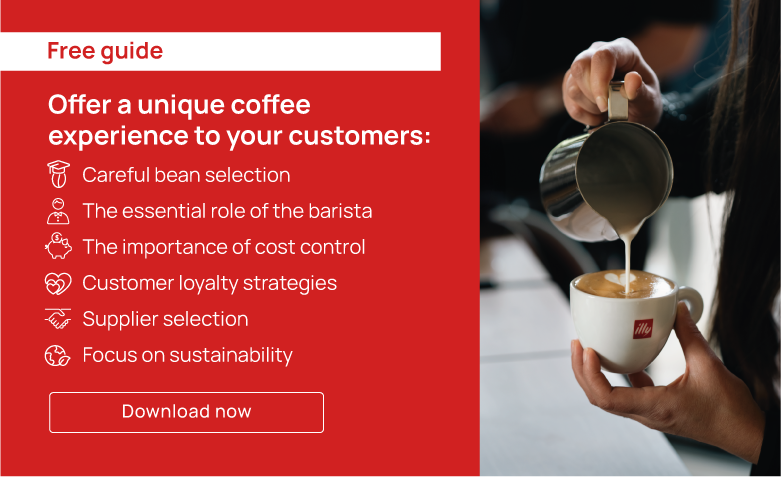 Promotional banner encouraging coffee businesses to offer a unique experience. Highlights include bean selection, barista role, cost control, loyalty strategies, supplier choice, and sustainability. Features a barista serving an illy espresso. Download the free guide